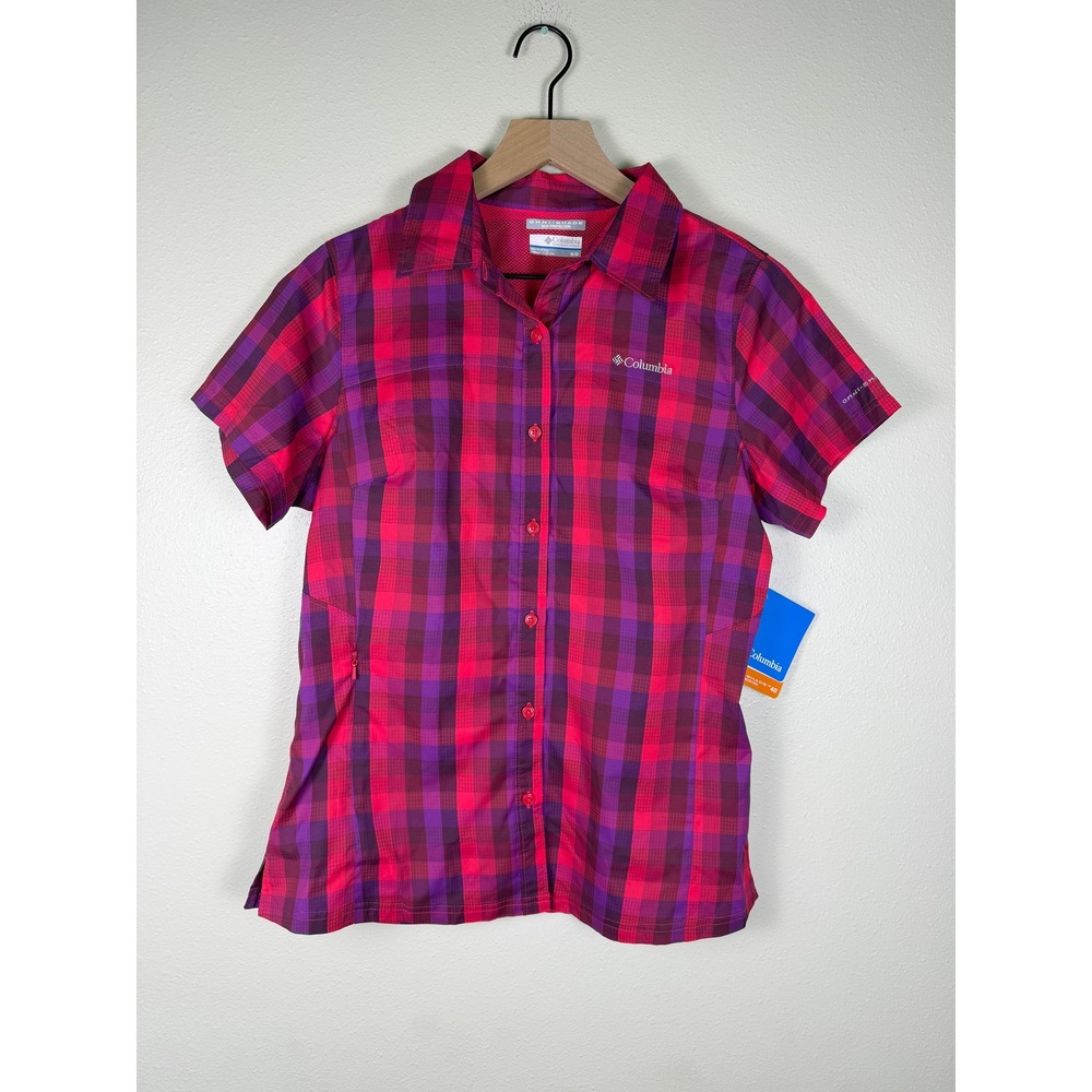 COLUMBIA Meadowgate Plaid Hiking Sun Shirt Womens M Pink Purple NWT Short Sleeve